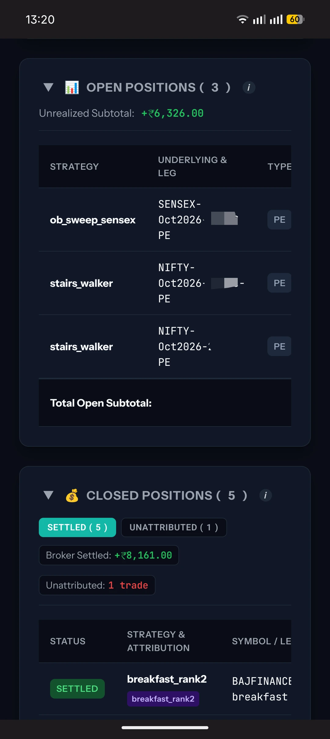 Active open positions table showing unrealized subtotal of +₹6,326 across Sensex sweep and Nifty stairs walker strategies